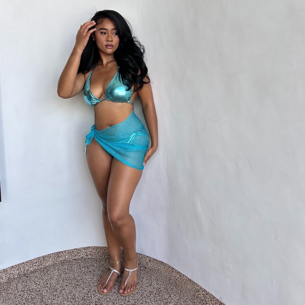 Shiny Teal Bikini Set with Cover-Up